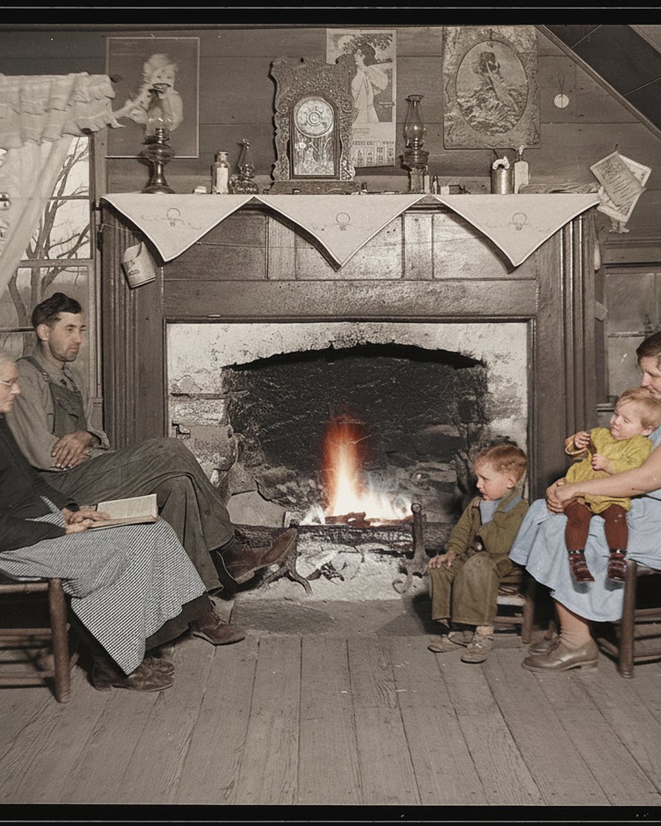 DESPUÉS: la misma escena restaurada y coloreada, cinco familiares con sus caras naturales y color realista